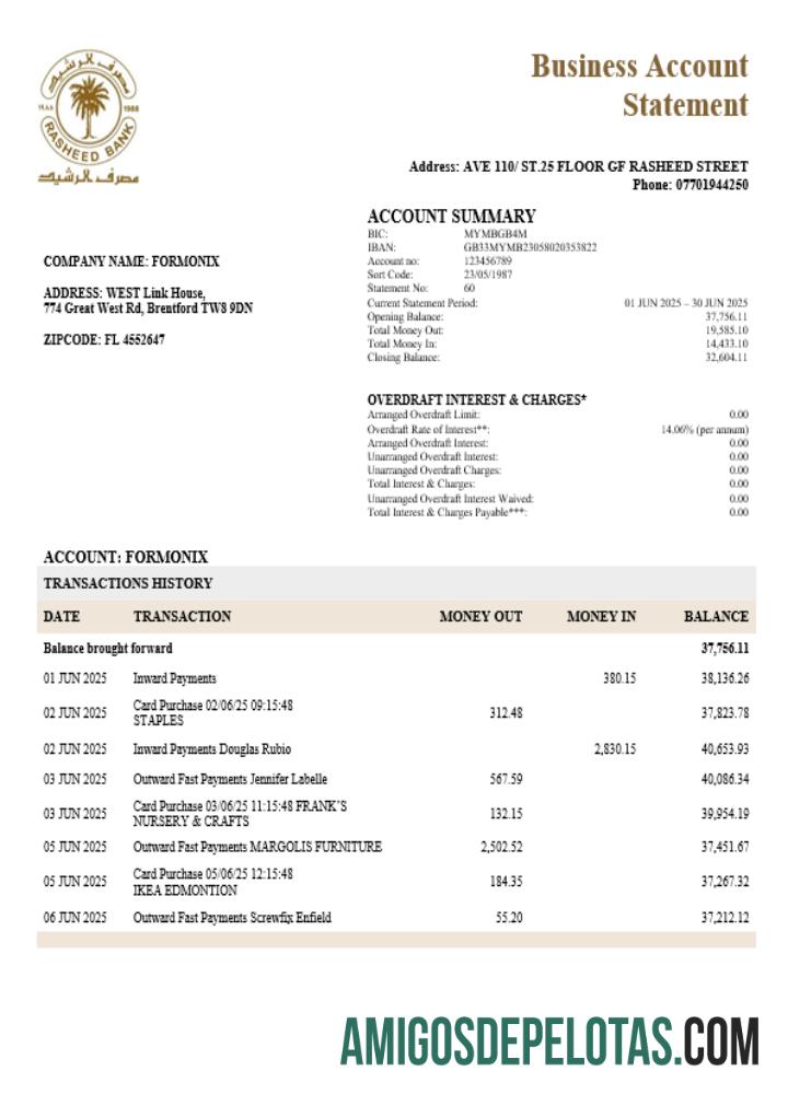 Imprimível Rasheed Company Verificando o extrato da conta modelo Word e PDF